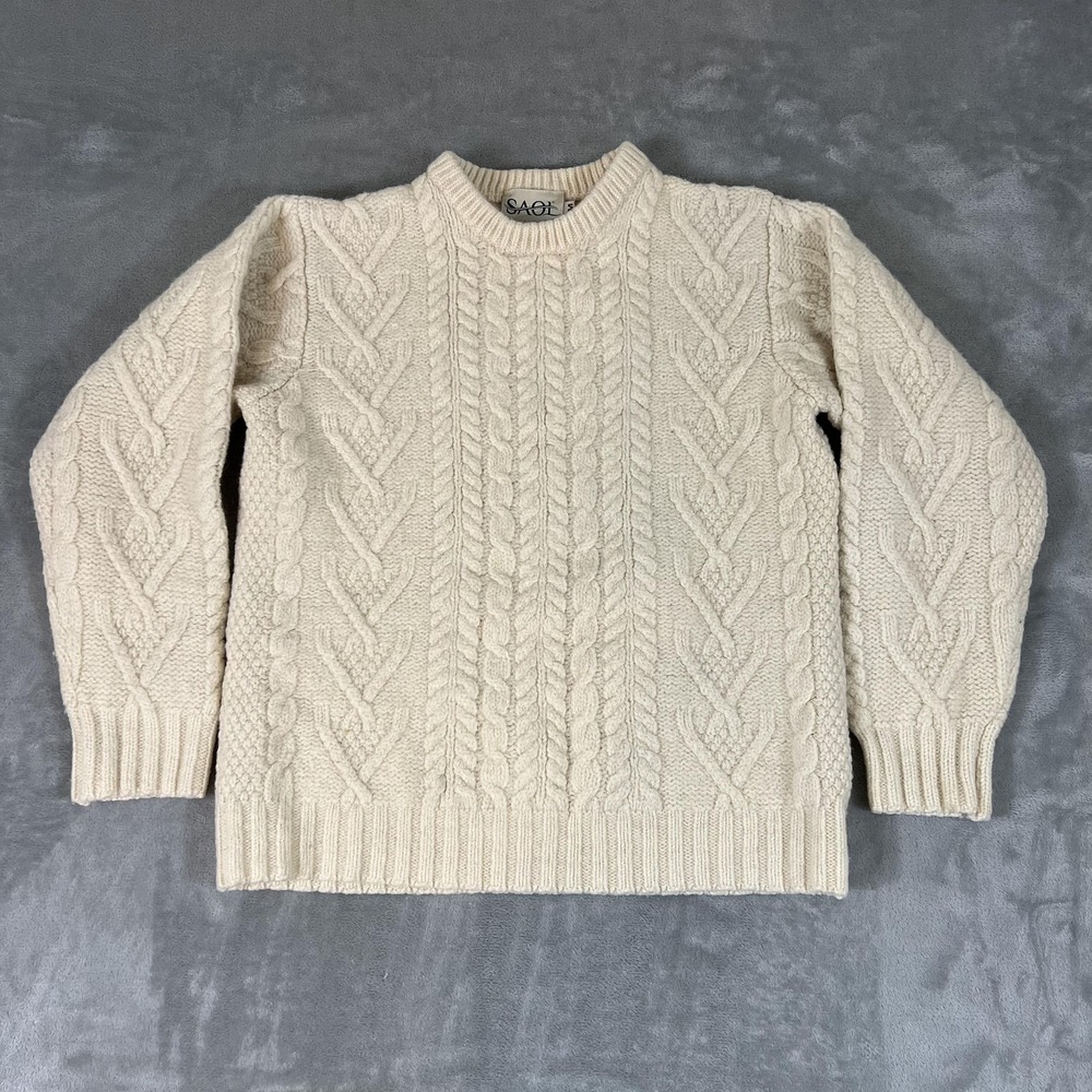 SAOL Cable Knit Sweater 100% Merino Wool Mens M  Crewneck Aran Ireland Fisherman